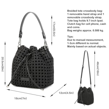 Woven bucket Bag For Women, Small Woven Hollow Out Handbag Silky-Soft Hollow fabric Travel Purse and hobo bag (BLACK)