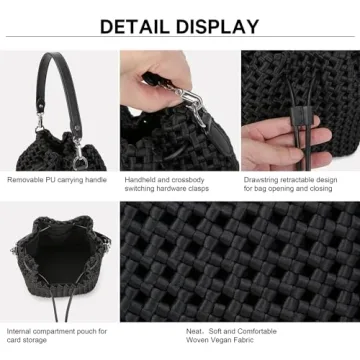 Woven bucket Bag For Women, Small Woven Hollow Out Handbag Silky-Soft Hollow fabric Travel Purse and hobo bag (BLACK)
