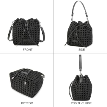 Woven bucket Bag For Women, Small Woven Hollow Out Handbag Silky-Soft Hollow fabric Travel Purse and hobo bag (BLACK)