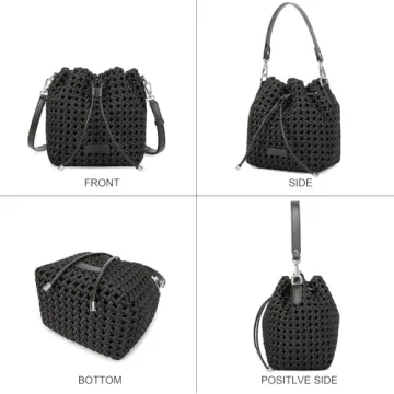 Woven bucket Bag For Women, Small Woven Hollow Out Handbag Silky-Soft Hollow fabric Travel Purse and hobo bag (BLACK)