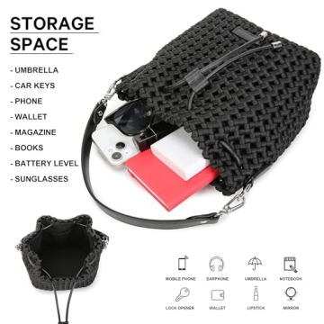 Woven bucket Bag For Women, Small Woven Hollow Out Handbag Silky-Soft Hollow fabric Travel Purse and hobo bag (BLACK)