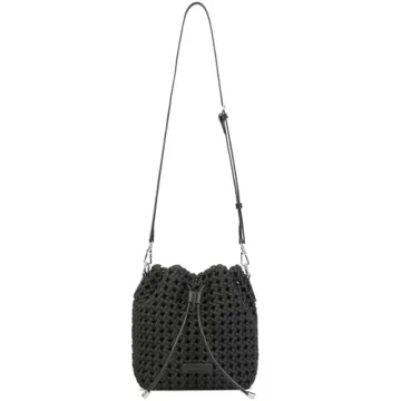 Woven bucket Bag For Women, Small Woven Hollow Out Handbag Silky-Soft Hollow fabric Travel Purse and hobo bag (BLACK)
