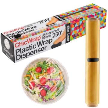 Chicwrap Triangle Refillable Plastic Wrap Dispenser - Includes 12" x 250' Roll Professional Grade Disposable Plastic Wrap - Reusable Dispenser w/Slide Cutter - Ideal Dispenser & Saves Money