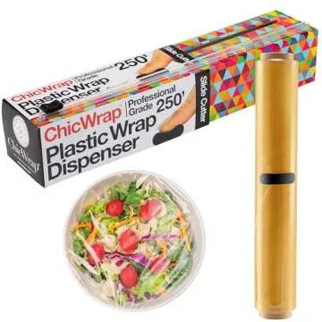 Chicwrap Triangle Refillable Plastic Wrap Dispenser - Includes 12" x 250' Roll Professional Grade Disposable Plastic Wrap - Reusable Dispenser w/Slide Cutter - Ideal Dispenser & Saves Money