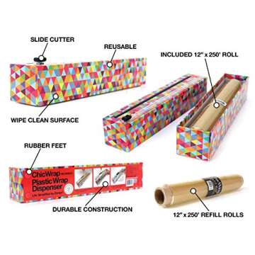 Chicwrap Triangle Refillable Plastic Wrap Dispenser - Includes 12" x 250' Roll Professional Grade Disposable Plastic Wrap - Reusable Dispenser w/Slide Cutter - Ideal Dispenser & Saves Money