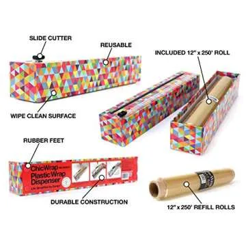 Chicwrap Triangle Refillable Plastic Wrap Dispenser - Includes 12" x 250' Roll Professional Grade Disposable Plastic Wrap - Reusable Dispenser w/Slide Cutter - Ideal Dispenser & Saves Money