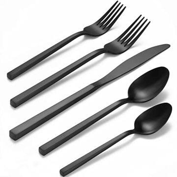 Alata Cube Black 20-Piece Forged Silverware Set Stainless Steel Flatware Set,Service for 4,Matte Sat...