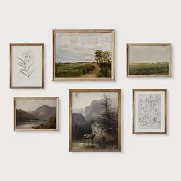 Vintage Farmhouse Wall Decor - 11x14 of 6 Unframed Nature Deer Flower Neutral Wall Art - Boho French Country Kitchen - Bathroom Bedroom Picture Poster Print - Green Room Decor Aesthetic Botanical