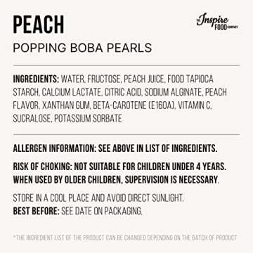 Peach INSPIRE FOOD Popping Boba Pearls for Bubble Tea | 1 lb Packs | 100% Vegan & Gluten Free Bursting Pearls | Lower Sugar & Real Fruit Juice for Teas, Shakes, Dessert, Smoothies