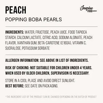 Peach INSPIRE FOOD Popping Boba Pearls for Bubble Tea | 1 lb Packs | 100% Vegan & Gluten Free Bursting Pearls | Lower Sugar & Real Fruit Juice for Teas, Shakes, Dessert, Smoothies