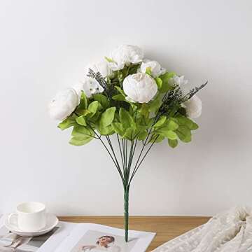 Duovlo Artificial Peony Silk Flowers Fake Flowers Vintage Wedding Home Decoration,Pack of 1 (Spring Milk White)
