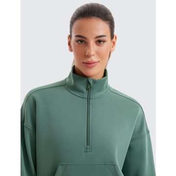 CRZ YOGA SoftAura Half Zip Sweatshirt for Women Long Sleeve Pullover Workout Casual Funnel Neck Tops with Pocket Dark Forest Green Small