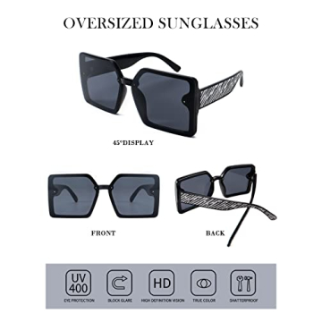 Oversized Square Sunglasses for Women Big Large Wide Designer Sunglasses Womens Trendy Sunglasses for Women Men with UV Protection Over Prescription Glasses(Black)