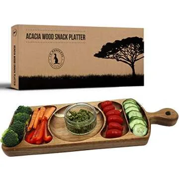 Acacia Wood Serving Platter 17.5 x 6" Long with Grooves & Handle. Luxury Snack Paddle Large XL Reversible Tray for Dinner Parties Chips Dips Crudités Cheese Charcuterie Gift (Long Rectangle)