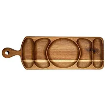 Acacia Wood Serving Platter 17.5 x 6" Long with Grooves & Handle. Luxury Snack Paddle Large XL Reversible Tray for Dinner Parties Chips Dips Crudités Cheese Charcuterie Gift (Long Rectangle)