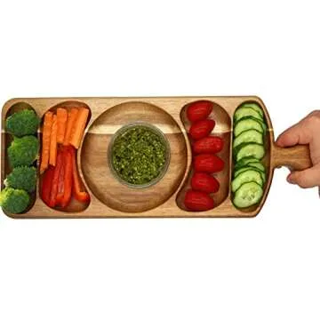 Acacia Wood Serving Platter 17.5 x 6" Long with Grooves & Handle. Luxury Snack Paddle Large XL Reversible Tray for Dinner Parties Chips Dips Crudités Cheese Charcuterie Gift (Long Rectangle)