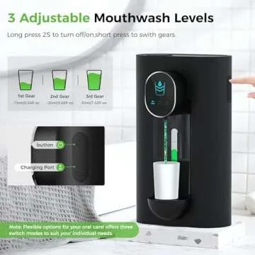 Oylik Automatic Mouthwash Dispenser 18.26 oz Touchless Mouthwash Dispenser for Bathroom 2 Magnetic Cup USB Rechargeable and 3 Dispensing Levels with Led Screen Wall-Mounted or Countertop Use-Black