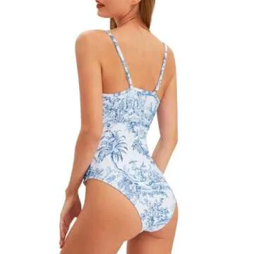 Women's One Piece Swimsuit with Beach Cover Up Retro Floral Print Bathing Suits with Coverup Set Sarong Wrap Swim Suit 1 Piece Swimwear Set with Matching Skirt Blue Floral Large