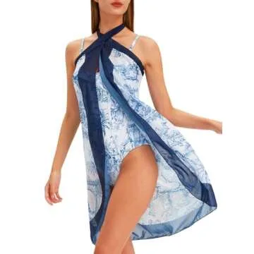 Women's One Piece Swimsuit with Beach Cover Up Retro Floral Print Bathing Suits with Coverup Set Sarong Wrap Swim Suit 1 Piece Swimwear Set with Matching Skirt Blue Floral Large