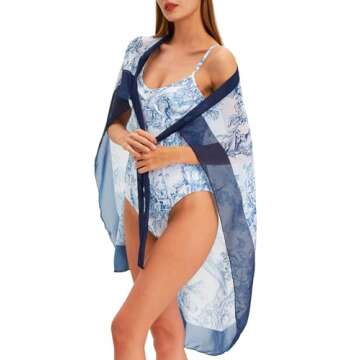 Women's One Piece Swimsuit with Beach Cover Up Retro Floral Print Bathing Suits with Coverup Set Sarong Wrap Swim Suit 1 Piece Swimwear Set with Matching Skirt Blue Floral Large