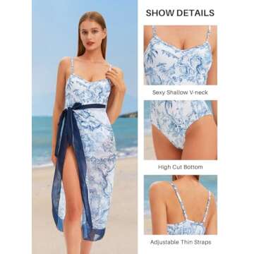 Women's One Piece Swimsuit with Beach Cover Up Retro Floral Print Bathing Suits with Coverup Set Sarong Wrap Swim Suit 1 Piece Swimwear Set with Matching Skirt Blue Floral Large