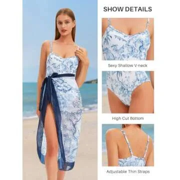 Women's One Piece Swimsuit with Beach Cover Up Retro Floral Print Bathing Suits with Coverup Set Sarong Wrap Swim Suit 1 Piece Swimwear Set with Matching Skirt Blue Floral Large