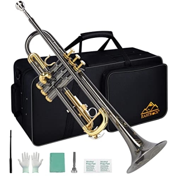 EASTROCK Bb Trumpet Standard Trumpet Set with Carrying Case, Gloves, 7C Mouthpiece, Cleaning Kit, Tu...