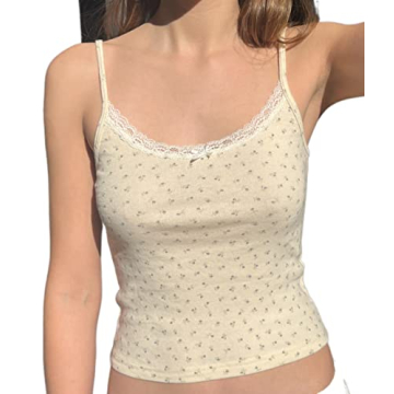 Women Y2K Floral Print Camisole Fairy Cute Lace Trim Spaghetti Strap Crop Top Vintage Summer Vest Ta...