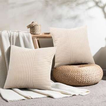 Farmhouse Pillow Covers 18x18, Modern Accent Square Throw Pillow Covers Set of 2, Khaki and Beige Striped Patchwork Linen Decorative Pillows Cushion Covers for Couch Chair Bedroom Fall Decorations