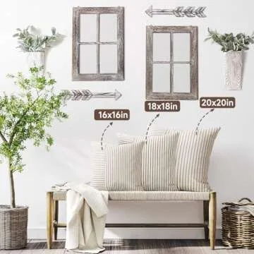 Farmhouse Pillow Covers 18x18, Modern Accent Square Throw Pillow Covers Set of 2, Khaki and Beige Striped Patchwork Linen Decorative Pillows Cushion Covers for Couch Chair Bedroom Fall Decorations