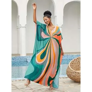 caftans for women Floral Print Kaftan Dresses Ethnic Boho Print swim cover up Batwing Sleeve mrs roper dress Vneck Plus Size beach Cover Up Batwing Sleeve mumu dresses 70s outfits 1126-4