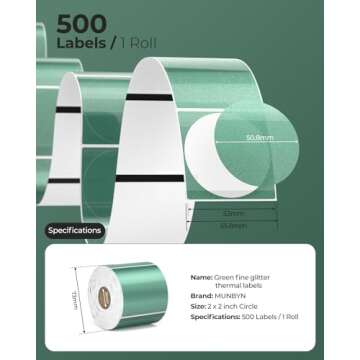 MUNBYN 2 Inch Green Transparent Thermal Labels - 500 Glitter Stickers for Small Business