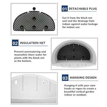 Mr Garden Plastic Hanging Planters - Vertical Wall Planters with 6 Hooks - Semicircular Rail Planters for Fence and Patio, Light Grey, 3 Pack