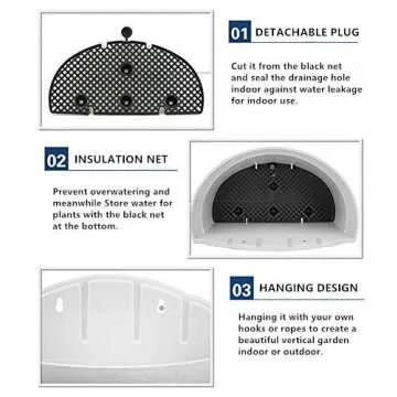 Mr Garden Plastic Hanging Planters - Vertical Wall Planters with 6 Hooks - Semicircular Rail Planters for Fence and Patio, Light Grey, 3 Pack