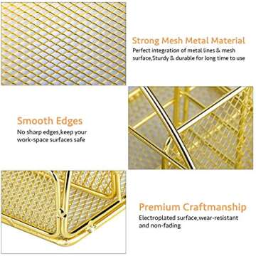 POPRUN Desk Organizers and Accessories for Women with Drawer, Cute Desk Supplies and Stationary Oganizer for Home and Office Desk Decor, Metal Mesh Desk Organization and Storage (Gold)