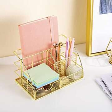 POPRUN Desk Organizers and Accessories for Women with Drawer, Cute Desk Supplies and Stationary Oganizer for Home and Office Desk Decor, Metal Mesh Desk Organization and Storage (Gold)