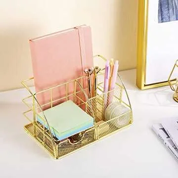 POPRUN Desk Organizers and Accessories for Women with Drawer, Cute Desk Supplies and Stationary Oganizer for Home and Office Desk Decor, Metal Mesh Desk Organization and Storage (Gold)