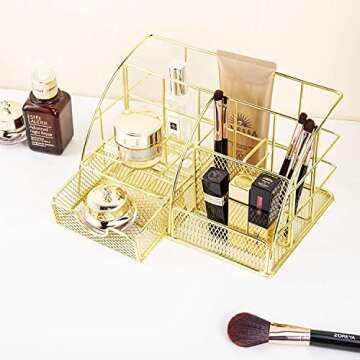 POPRUN Desk Organizers and Accessories for Women with Drawer, Cute Desk Supplies and Stationary Oganizer for Home and Office Desk Decor, Metal Mesh Desk Organization and Storage (Gold)