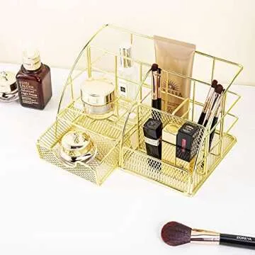 POPRUN Desk Organizers and Accessories for Women with Drawer, Cute Desk Supplies and Stationary Oganizer for Home and Office Desk Decor, Metal Mesh Desk Organization and Storage (Gold)