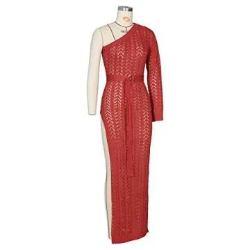 Womens Sexy Lace Up Dress One Off Shoulder Dress Hollow Out High Slit Knit Beach Pencil Party Maxi Dresss Red S