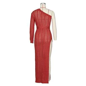 Womens Sexy Lace Up Dress One Off Shoulder Dress Hollow Out High Slit Knit Beach Pencil Party Maxi Dresss Red S