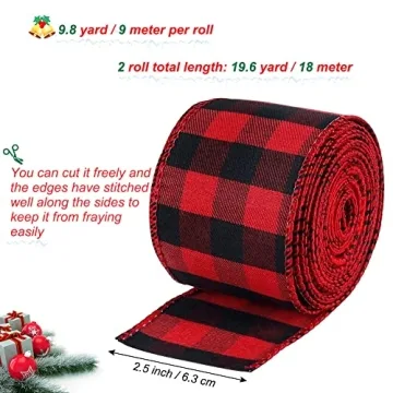 19.6 Yard 2.5 inch Wide Buffalo Plaid Ribbons Wired Edges, 2 Rolls Red and Black Checkered Ribbon for Christmas Tree Gift Decorations