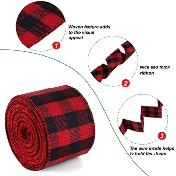 19.6 Yard 2.5 inch Wide Buffalo Plaid Ribbons Wired Edges, 2 Rolls Red and Black Checkered Ribbon for Christmas Tree Gift Decorations