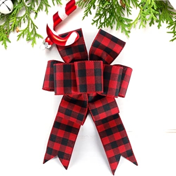 19.6 Yard 2.5 inch Wide Buffalo Plaid Ribbons Wired Edges, 2 Rolls Red and Black Checkered Ribbon for Christmas Tree Gift Decorations