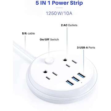 Cruise Essentials Power Strip with USB by KOOSLA, No Surge Protection - Small Nightstand Power Station, 2 Outlets 3 USB Flat Plug for Cruise Ship, Travel, Home, Dorm Room, Desk Accessories