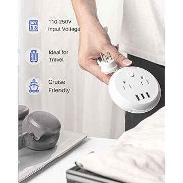 Cruise Essentials Power Strip with USB by KOOSLA, No Surge Protection - Small Nightstand Power Station, 2 Outlets 3 USB Flat Plug for Cruise Ship, Travel, Home, Dorm Room, Desk Accessories