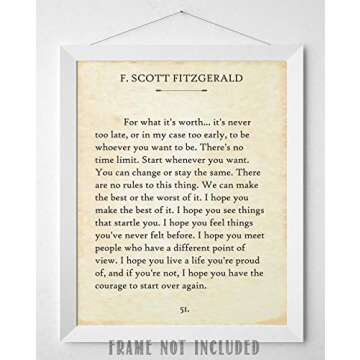 F. Scott Fitzgerald Quotes Wall Art-For What It's Worth-Vintage Wall Art Decor - 11x14 Unframed Poster - Library Decor - Book Pages - Gatsby Vintage Posters - Classic Book Quotes Inspirational Decor
