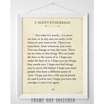F. Scott Fitzgerald Quotes Wall Art-For What It's Worth-Vintage Wall Art Decor - 11x14 Unframed Poster - Library Decor - Book Pages - Gatsby Vintage Posters - Classic Book Quotes Inspirational Decor