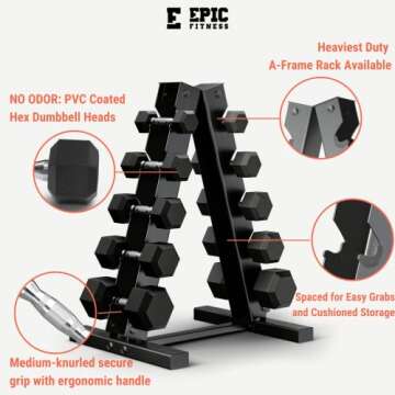 Epic Fitness 150 Pound Premium Hex Dumbbell Set - PVC Coated 5 Pair Black Dumbbell Set with A-Frame Rack - 5, 10, 15, 20 and 25 lb Dumbbells