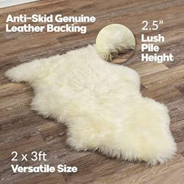 Natural Milan Genuine Sheepskin Area Rugs with Thick and Lush Pile, Fluffy Sheep Fur Rug with Anti-Skid Backing for Bedroom Living Room, Single Pelt, Ivory 2 ft x 3 ft